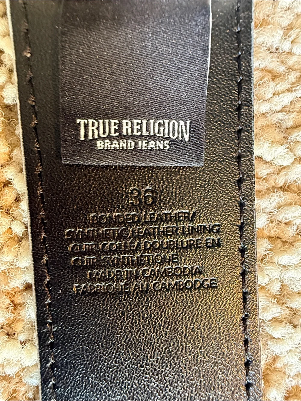 True Religion White Leather Belt with Black Horseshoe Buckle